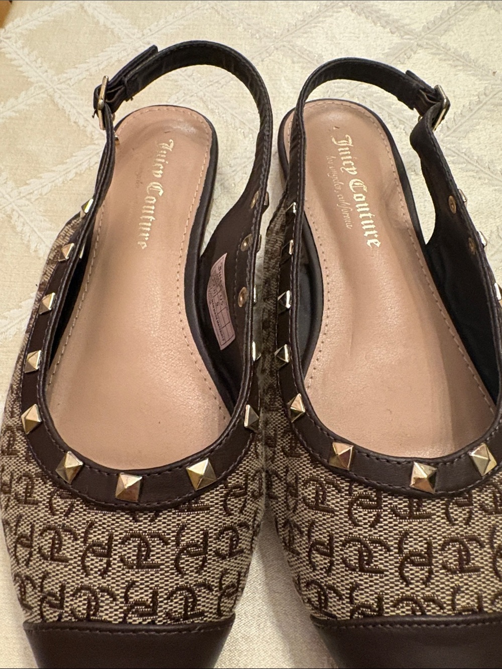 Juicy Couture Brown Logo Slingback Flats with Gold Studs
